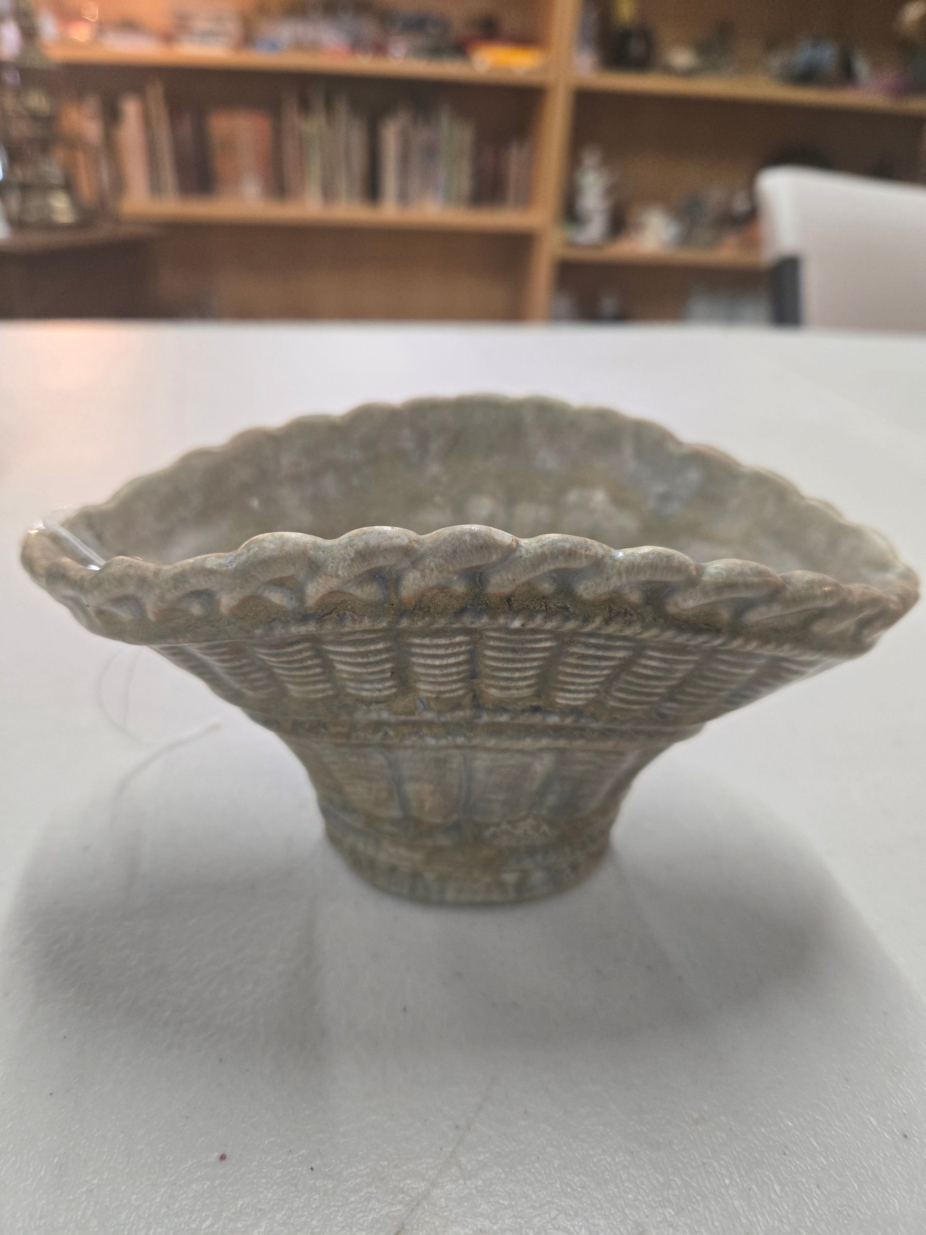 Vintage green glazed porcelain basket weave bowl